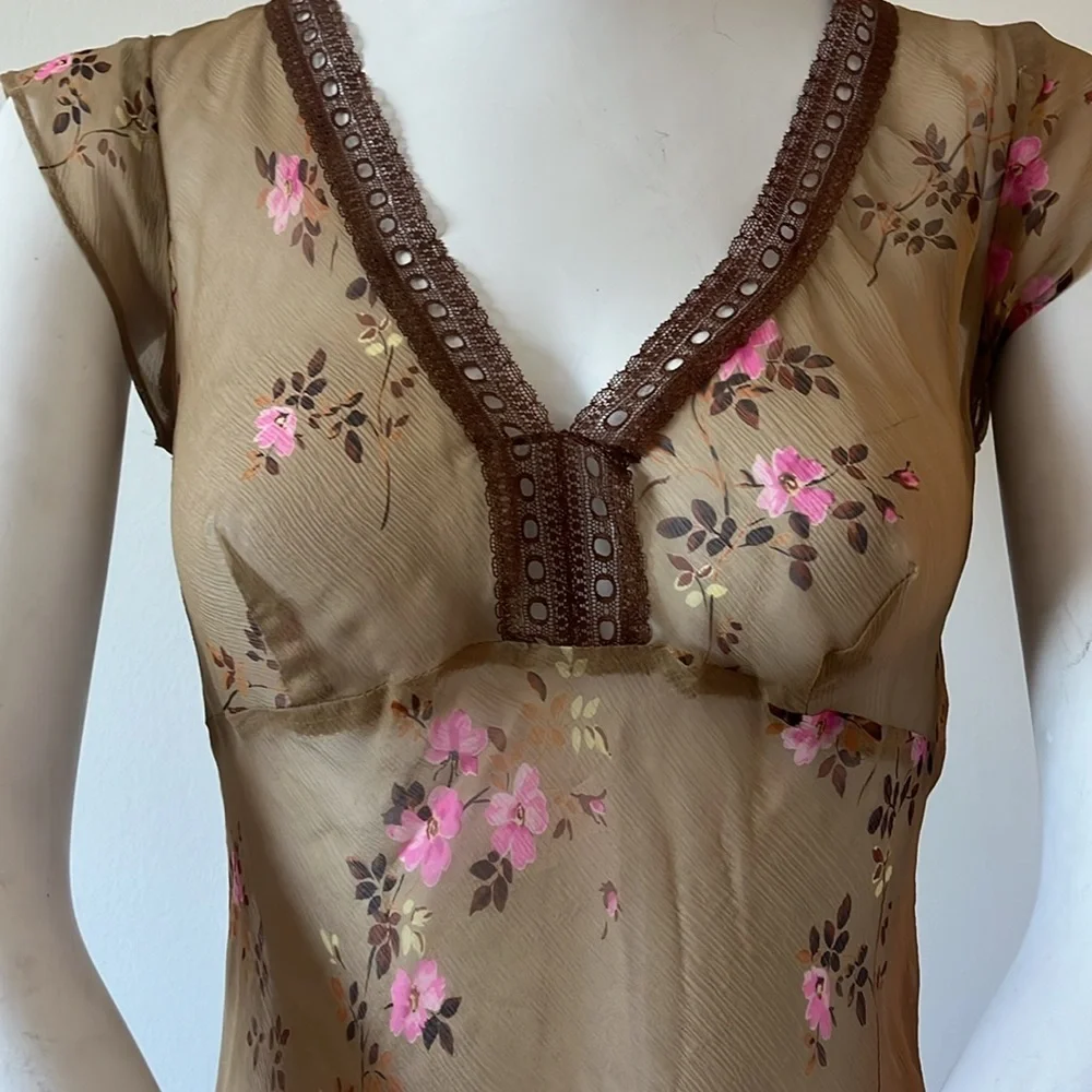 Vintage Betsy Johnson Shear Tan Floral Size S Dress New With Tag - Picture 4 of 12
